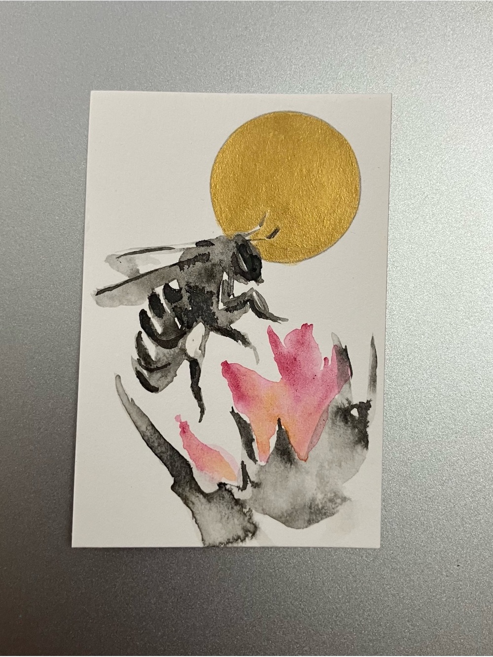 Original honeybee painting bee art miniature realism sumi-e style artwork